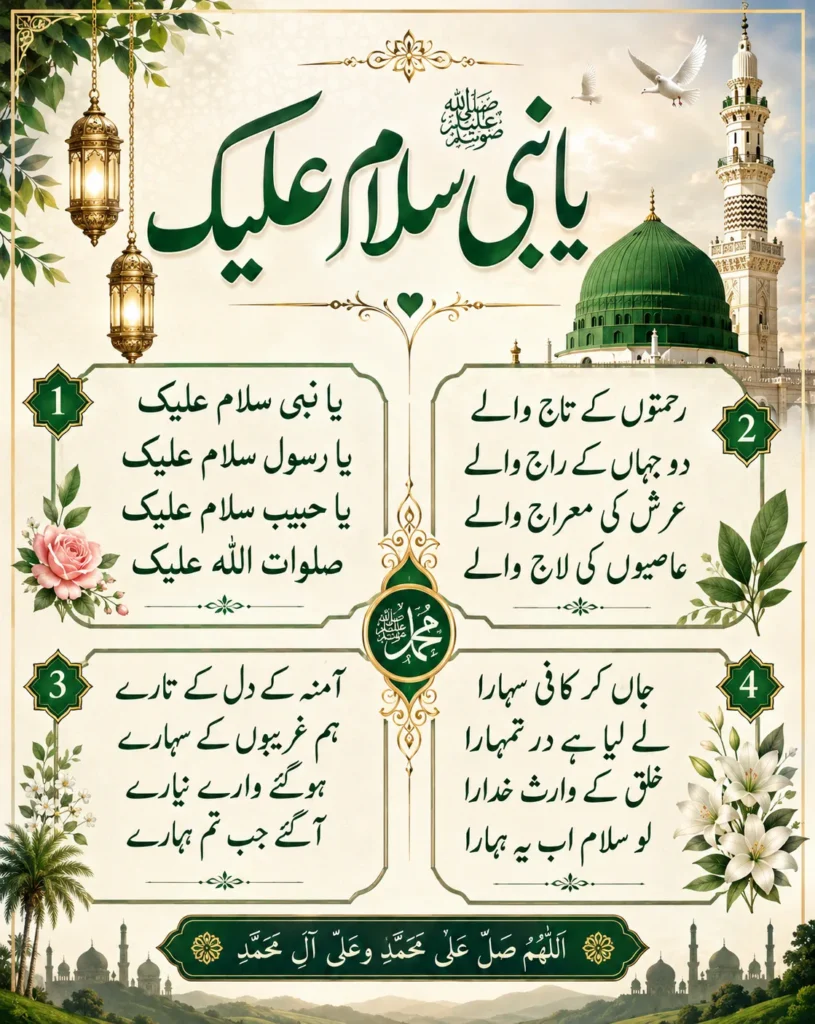 A vertical infographic displaying the complete Ya Nabi Salam Alaika lyrics in native Urdu script, structured in four numbered sections, decorated with traditional Islamic lanterns and the Green Dome.