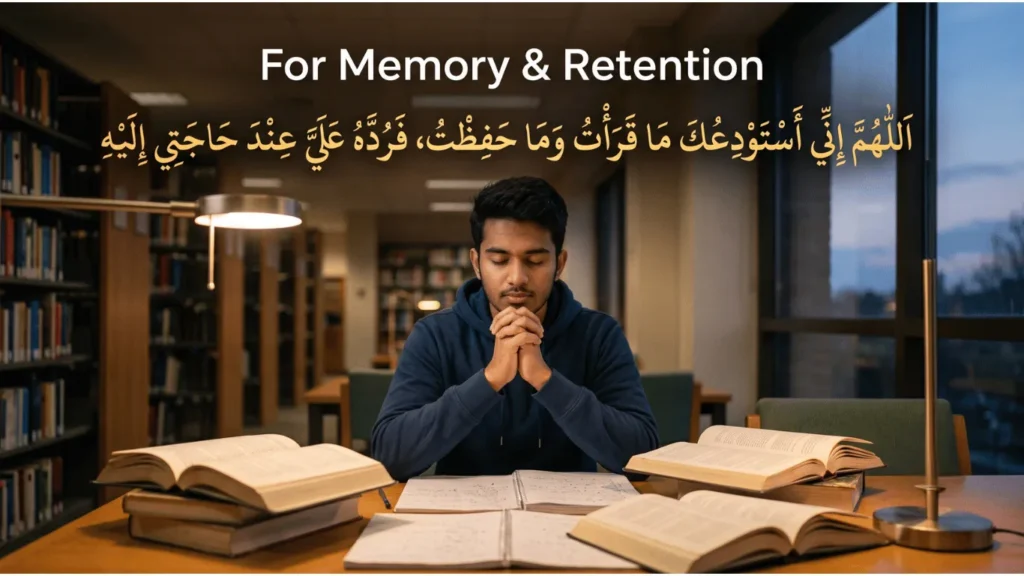 A young man sits in a library at a desk full of open books and a notebook, with his hands clasped in prayer (Dua) or deep focus. Overlaid text reads "For Memory & Retention" in English and the corresponding Arabic Dua calligraphy in golden script. The setting is a cozy, academic library with many shelves and large windows.