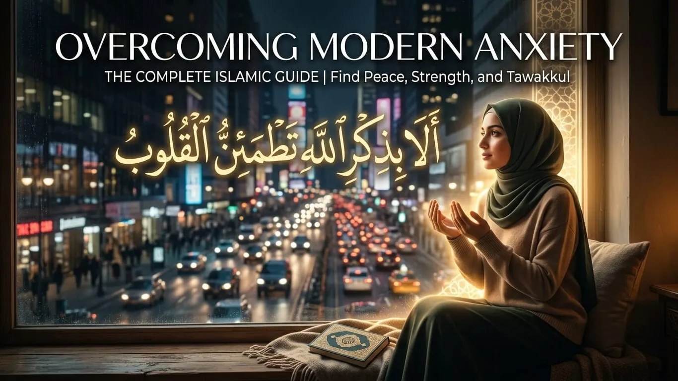 A Muslim woman in a hijab making dua peacefully by a window overlooking a busy city at night, illustrating the Islamic approach to overcoming modern anxiety and finding Tawakkul amidst urban stress.