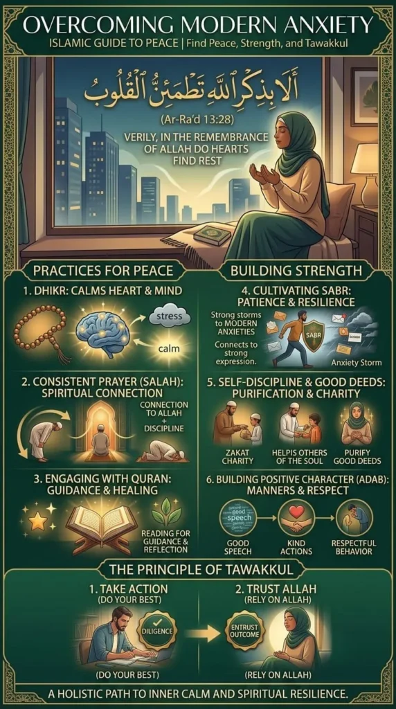 An infographic detailing the Islamic guide to overcoming modern anxiety, featuring sections on practices for peace like Dhikr, Salah, and the Quran, building strength through Sabr and good deeds, and the core principle of Tawakkul—taking action while relying on Allah.