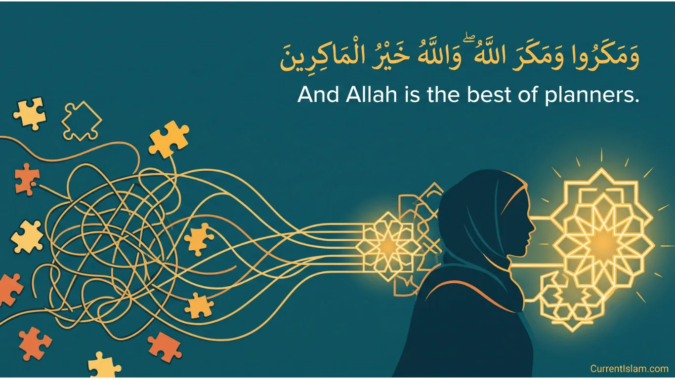 Illustration of a Muslim woman with chaotic puzzle pieces transforming into perfectly ordered glowing Islamic geometric patterns, featuring the Arabic text and English translation of Wa makaru wa makarallah, wallahu khairul makirin.