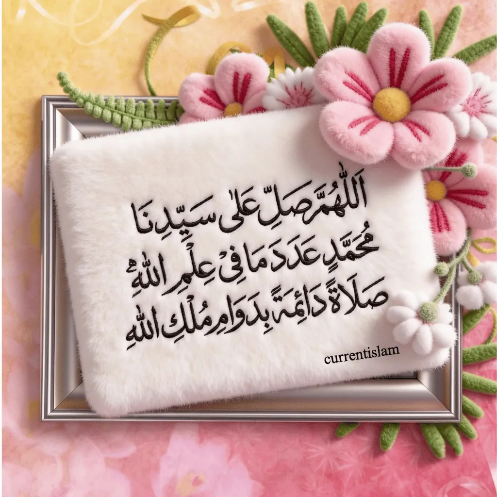 Beautiful Thuluth Arabic calligraphy of Darood e Lakhi embroidered on a plush white cushion, framed in silver and decorated with pink flowers by currentislam.