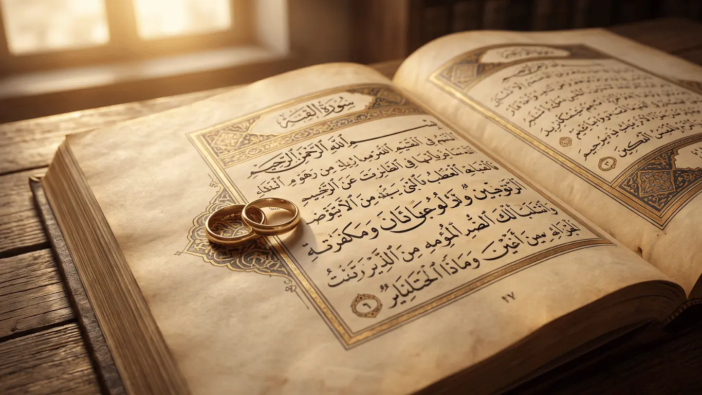 Gold wedding rings resting gently on an open Islamic manuscript on a wooden desk, symbolizing the sacred Fiqh of marriage and Halal intimacy in Islam.