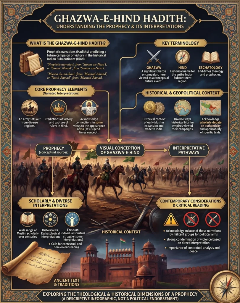 Download our complete infographic breakdown of the Ghazwa-e-Hind Hadith. Explore terminology, core elements, historical context, and diverse modern interpretations with critical perspectives.