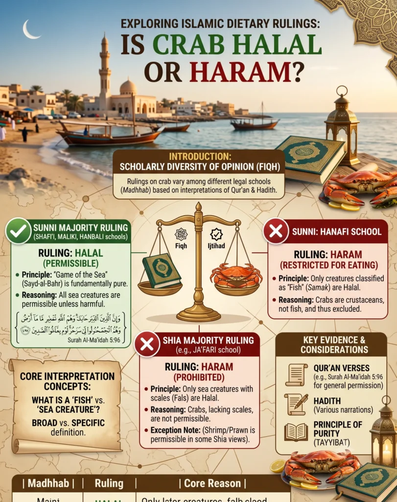 A comprehensive infographic detailing different Islamic rulings (Fiqh) on eating crab. It shows Sunni majority (Halal, green panel, broad 'Game of Sea'), Hanafi (Haram, red panel, strict 'Fish' definition), and Shia (Haram, center panel, strict 'Scales' definition). Features a balance scale metaphor, Quran verses, and Hadith references. Text is legible and clear.