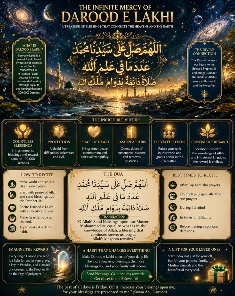 A detailed infographic explaining Darood e Lakhi, including its Arabic text, English translation, immense virtues like peace of heart and elevated status, and the best times to recite it.