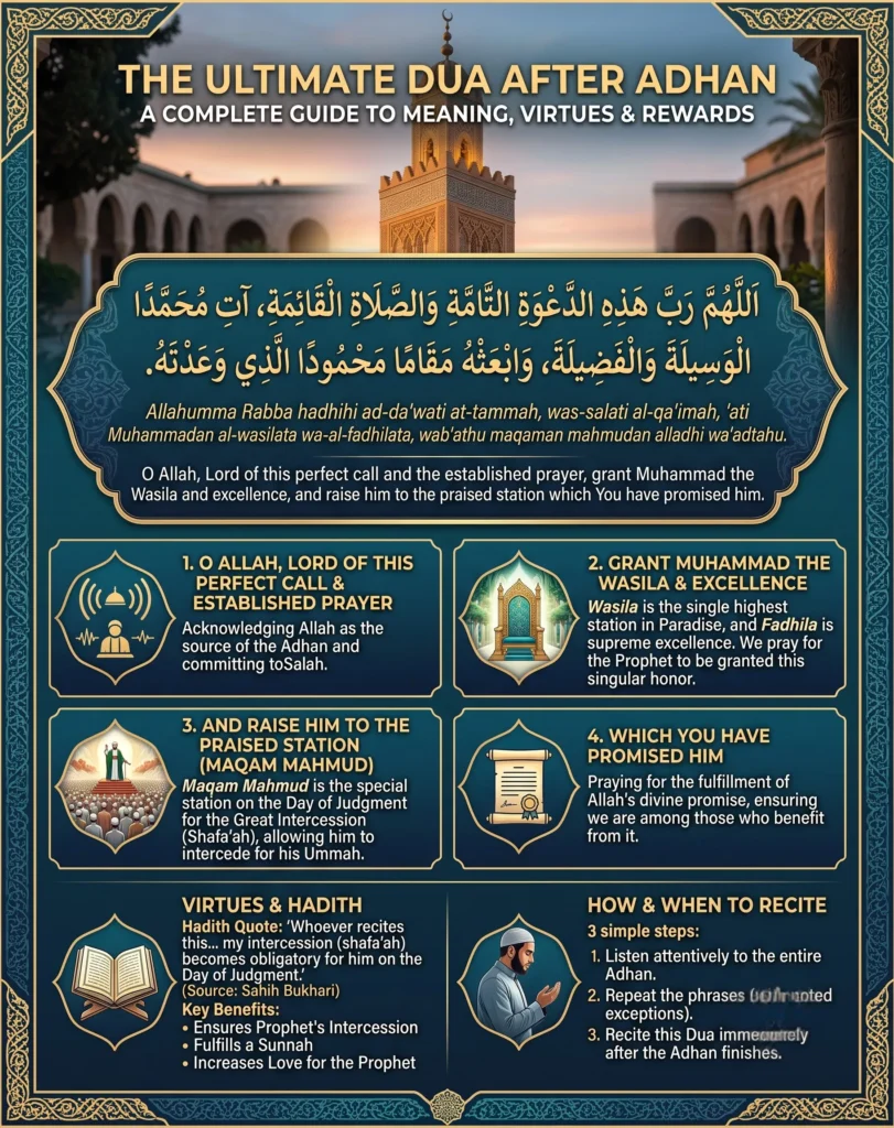 A comprehensive vertical infographic about 'The Ultimate Dua After Adhan', based on image_0.png. It features an ornate teal and gold design against a mosque background. The top displays the full Arabic dua, transliteration, and English translation. Below, four detailed, numbered panels explain the meaning: '1. O ALLAH, LORD OF THIS PERFECT CALL...' (Adhan & Salah meaning), '2. GRANT MUHAMMAD THE WASILA & EXCELLENCE...' (Highest station in Paradise), '3. AND RAISE HIM TO THE PRAISED STATION (MAQAM MAHMUD)...' (Day of Judgment Intercession), and '4. WHICH YOU HAVE PROMISED HIM' (Fulfillment of Promise). The bottom section includes 'VIRTUES & HADITH' (with Sahih Bukhari quote on intercession) and 'HOW & WHEN TO RECITE' (a 3-step guide). Various icons and an image of a praying man are included. The overall design features complex Islamic geometric patterns.