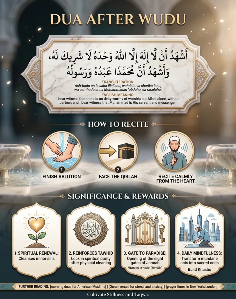Comprehensive infographic titled 'DUA AFTER WUDU' presenting Arabic, English translation, 3 steps to recite, and 4 points on significance and rewards of the ablution prayer.
