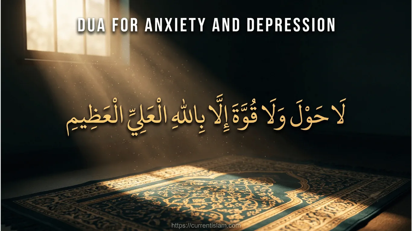 A sunlit Islamic prayer rug with the Arabic calligraphy for La hawla wala quwwata illa billah, the powerful dua for anxiety and depression.