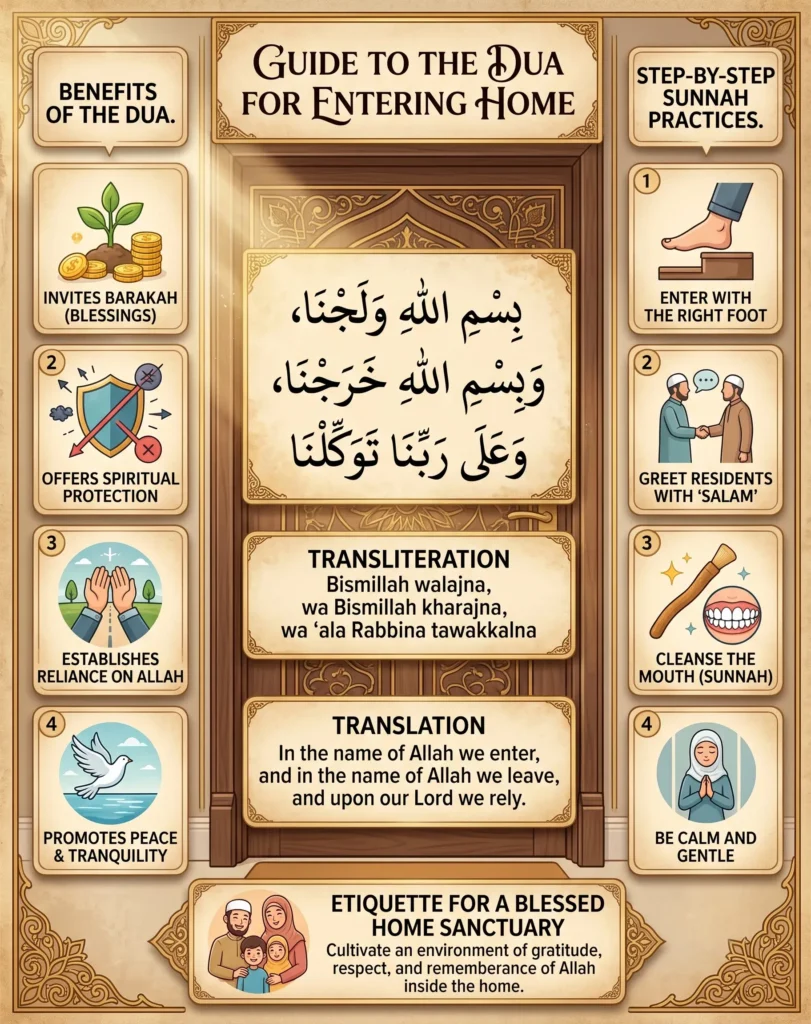 Informative infographic titled 'Guide to the Dua for Entering Home' showing the Arabic text, English translation, transliteration, and four step-by-step Sunnah practices including entering with the right foot and giving the greeting of Salam.