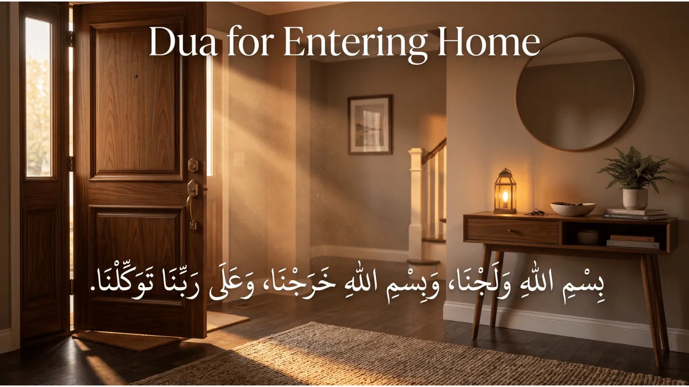 A warm, cinematic home entryway illuminated by sunlight, featuring the authentic Arabic text of the dua for entering home (Bismillahi walajna) floating elegantly in the center.