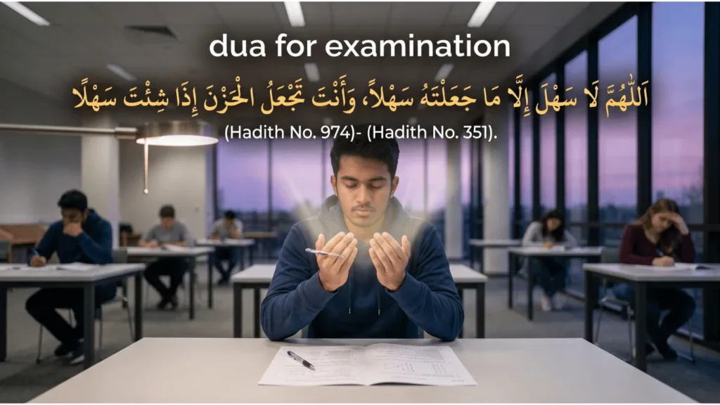 A young male student sits in a classroom during a test, with his hands raised in prayer radiating a soft glowing light. Overlaid text reads 'dua for examination' along with Arabic calligraphy of a supplication and references to Hadith No. 974 and 351.