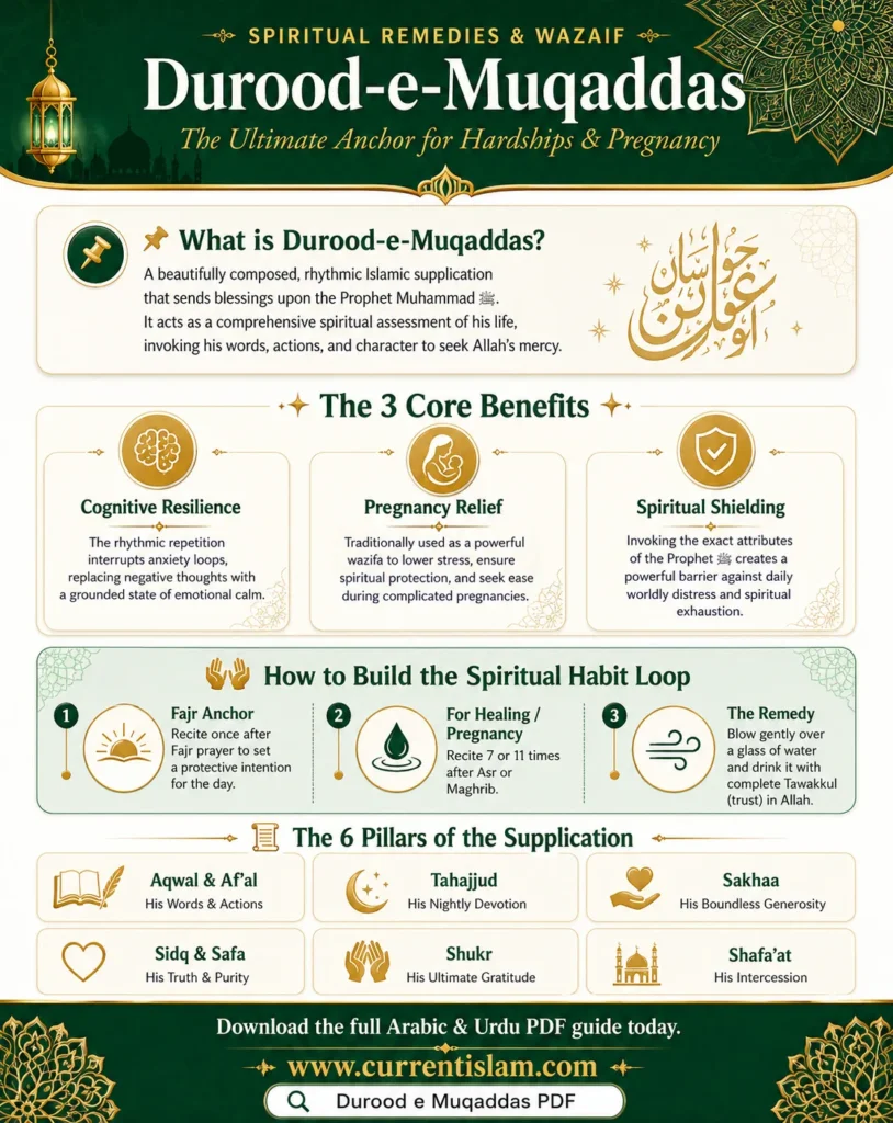 Infographic detailing the 3 core benefits of Durood-e-Muqaddas for pregnancy relief and cognitive resilience, along with the daily wazifa routine and its 6 spiritual pillars.