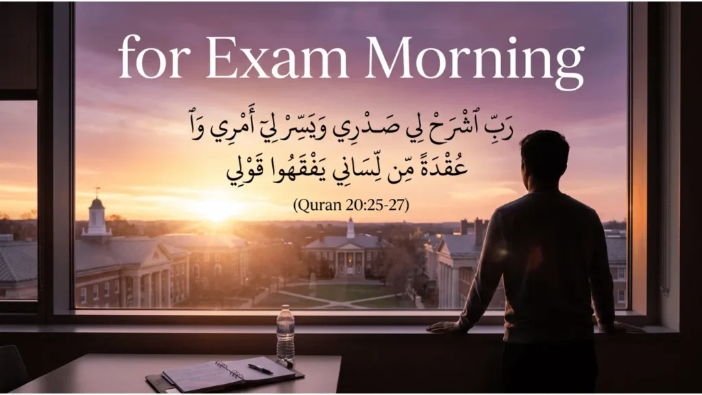 A male student viewed from behind looks out a large window at a university campus during a beautiful sunrise, with Arabic calligraphy of the Dua of Musa (Quran 20:25-27) overlaid on the sky.