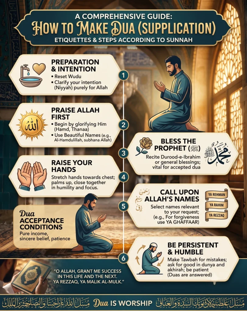 A comprehensive step-by-step infographic detailing how to make dua, including 6 essential stages: preparation and wudu, praising Allah, sending blessings upon the Prophet Muhammad, raising hands correctly, calling upon Allah's beautiful names, and being persistent in prayer.