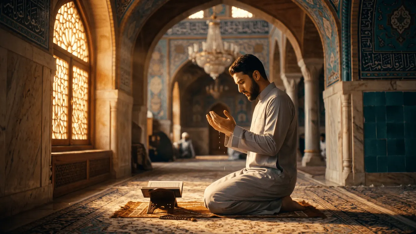 A Muslim man sitting peacefully in a brightly lit mosque with his hands raised, illustrating exactly how to make dua with the correct Sunnah posture and spiritual focus.