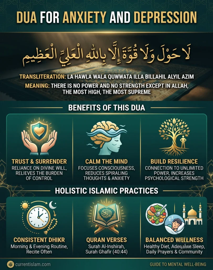 A detailed infographic explaining how to overcome anxiety in Islam, featuring the psychological benefits of the dua La hawla wala quwwata, and holistic practices like consistent Dhikr, Quranic verses, and balanced wellness.