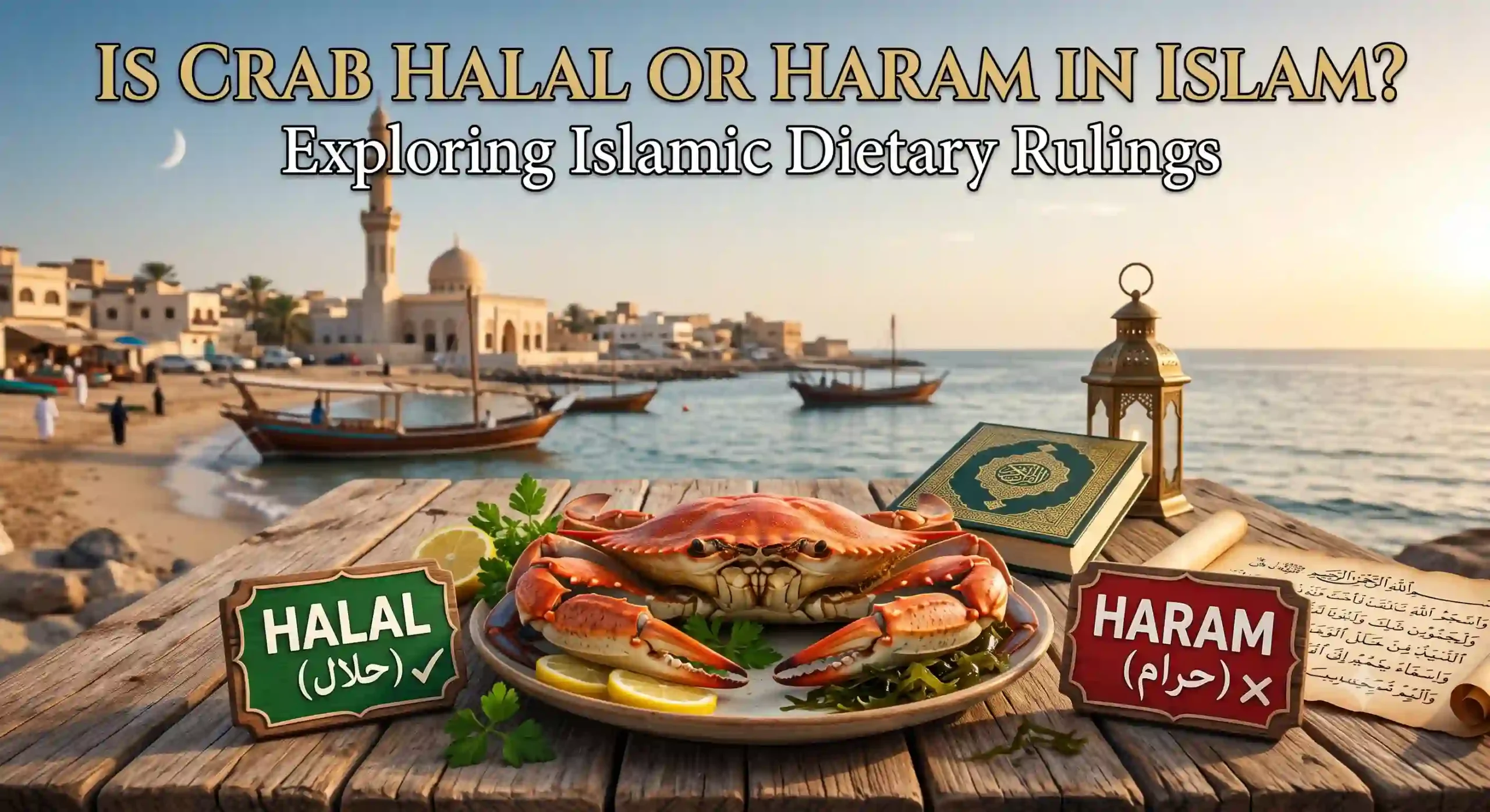 A cooked red blue crab on a rustic table by a traditional Arabic coastal mosque at dusk. Signs for 'HALAL (حلال)' and 'HARAM (حرام)' with a check and X are visible. An ornate Quran and traditional lantern are also present.