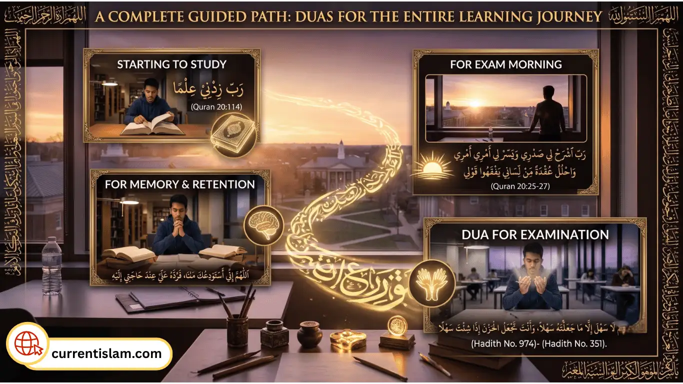 An infographic guide titled 'A Complete Guided Path: Duas for the Entire Learning Journey' for students. It displays four key Islamic duas with visual examples and references (Quran and Hadith): Starting to Study, For Memory & Retention, For Exam Morning, and Dua for Examination. Bottom text mentions currentislam.com.