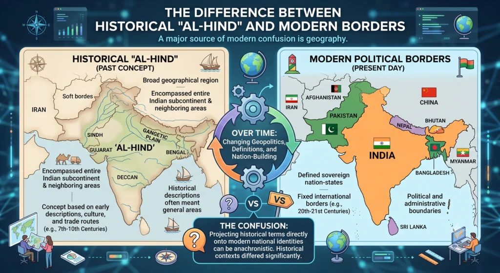 An infographic with two side-by-side maps. Left: 'Historical Al-Hind (Past Concept)' showing unbordered regions. Right: 'Modern Political Borders (Present Day)' showing Pakistan, India, Bangladesh, and Sri Lanka.