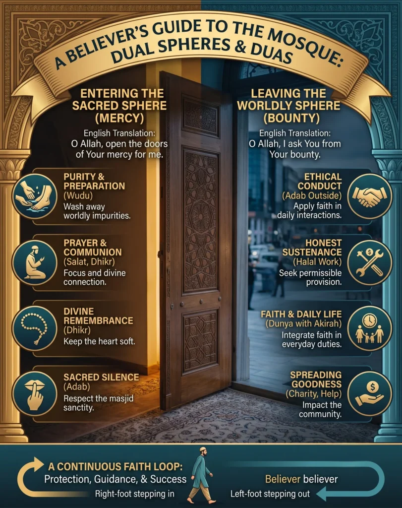 Infographic titled A Believer's Guide to the Mosque detailing the dual spheres and duas. It outlines entering the sacred sphere for mercy by stepping with the right foot, and leaving for the worldly sphere for bounty by stepping with the left foot, alongside modern daily Islamic habits like halal work and community impact.