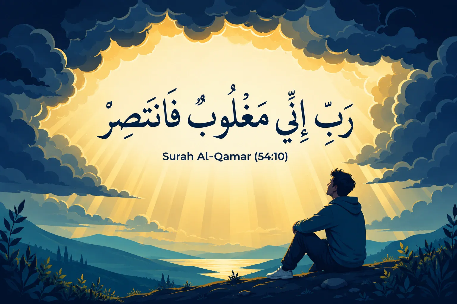 Flat vector illustration of the Quranic dua Rabbi Inni Maghloobun Fantasir (رَبِّ إِنِّي مَغْلُوبٌ فَانتَصِرْ) from Surah Al-Qamar (54:10), symbolizing hope, relief from anxiety, and Allah's divine help through golden light breaking dark storm clouds.