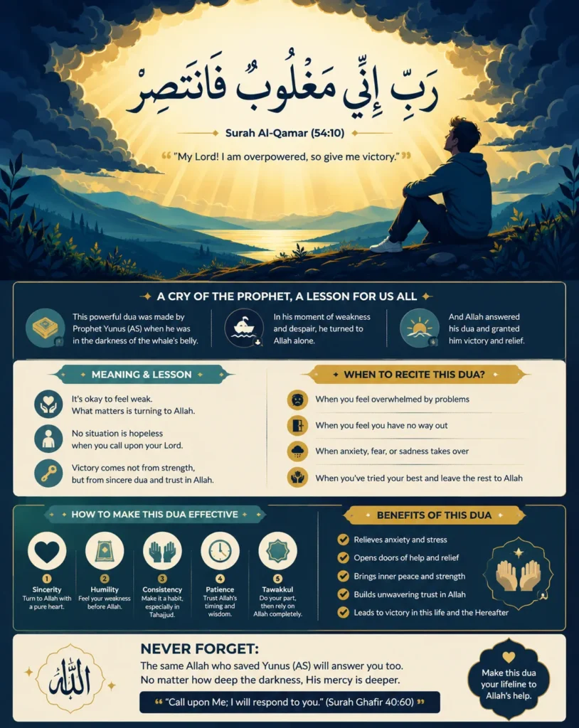 Islamic infographic explaining Rabbi Inni Maghloobun Fantasir from Surah Al-Qamar 54:10, including Arabic text, English translation, spiritual benefits, life lessons, and recommended occasions for reciting the dua.