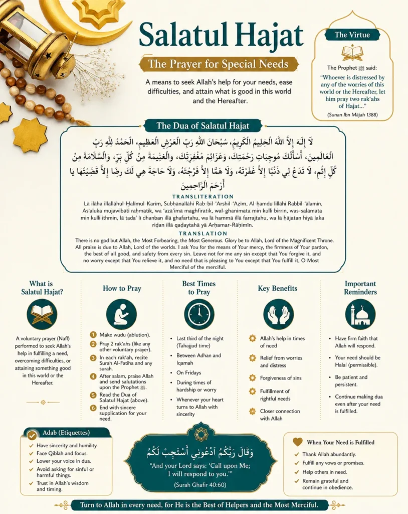 A comprehensive infographic guide for Salatul Hajat detailing the prayer for special needs, including the full Arabic dua, transliteration, English translation, and a 6-step guide on how to pray.