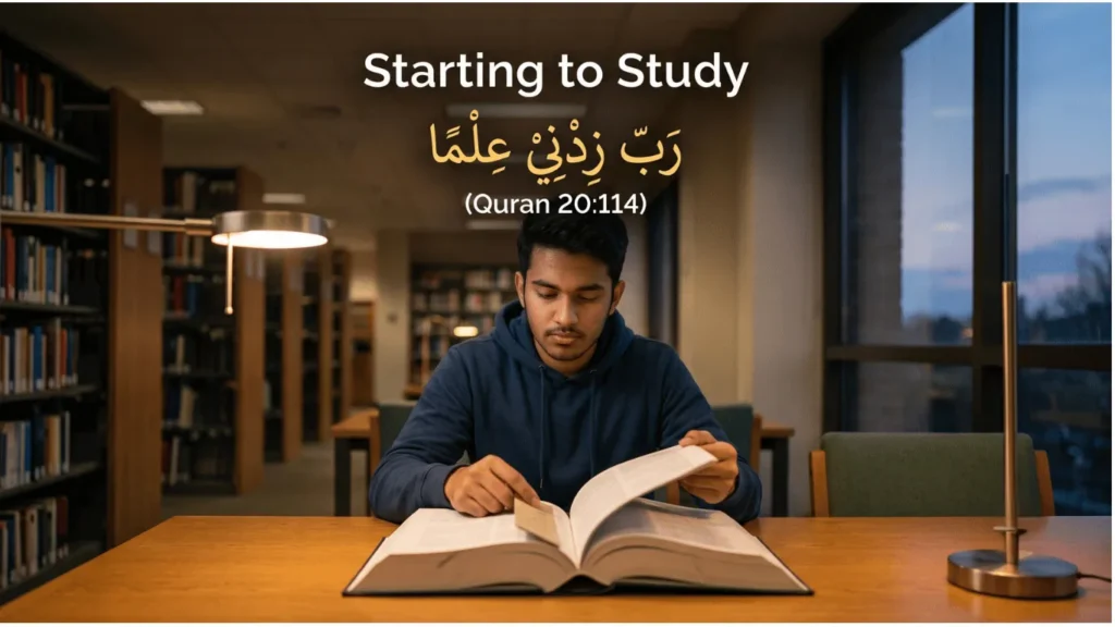 A young Muslim man wearing a blue hoodie sits at a library desk lit by a lamp at night, opening a large book. Overlaid on the image is the text "Starting to Study", the Arabic verse رَبِّ زِدْنِي عِلْمًا (Rabbi Zidni 'Ilma), and the reference "(Quran 20:114)".
