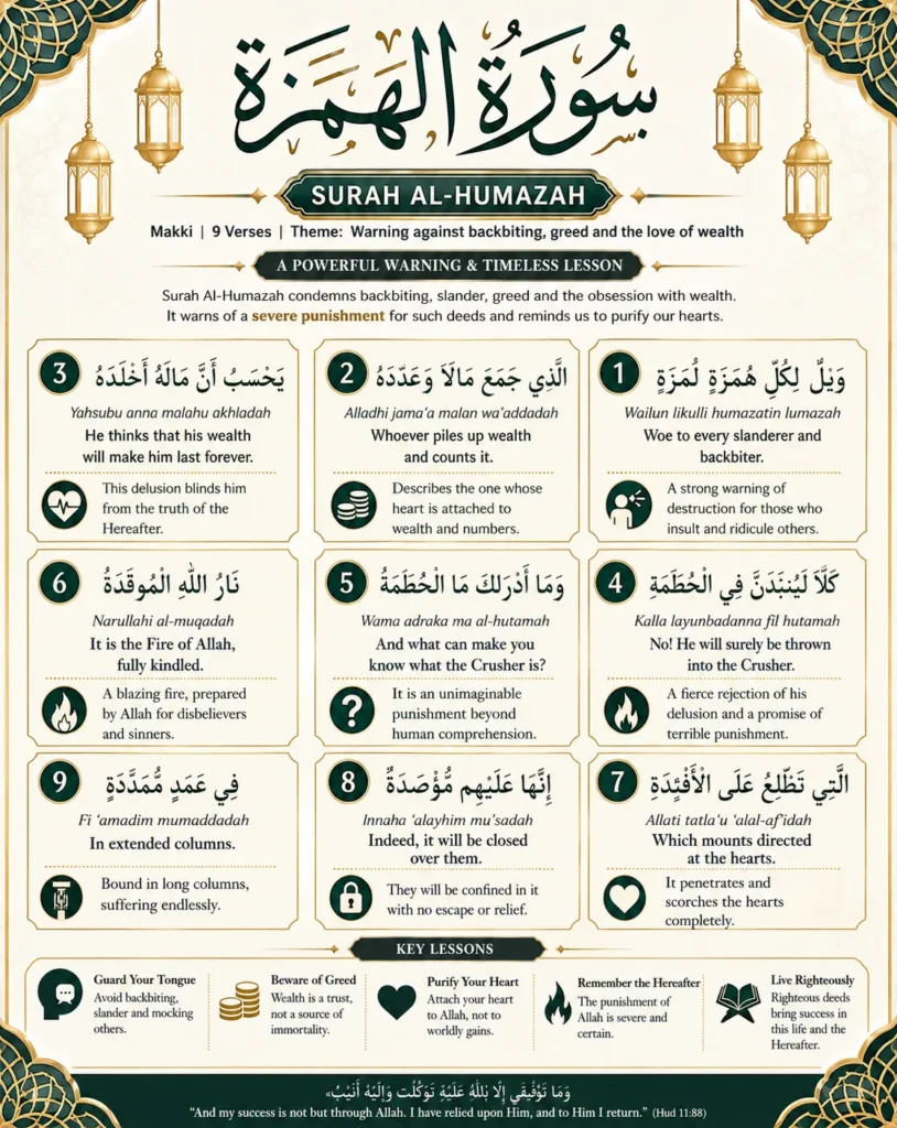 Detailed Islamic educational infographic for Surah Al-Humazah. The image contains: complete Arabic text, verse-by-verse English translation and transliteration for all 9 verses, thematic warnings against backbiting and greed, symbolic icons for each verse’s punishment, and a 'Key Lessons' section.