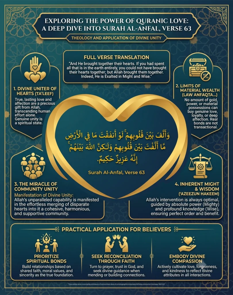 A detailed Islamic infographic explaining the translation, core themes, and practical applications of Surah Al-Anfal Verse 63, focusing on daily Islamic transformation and uniting hearts through faith.