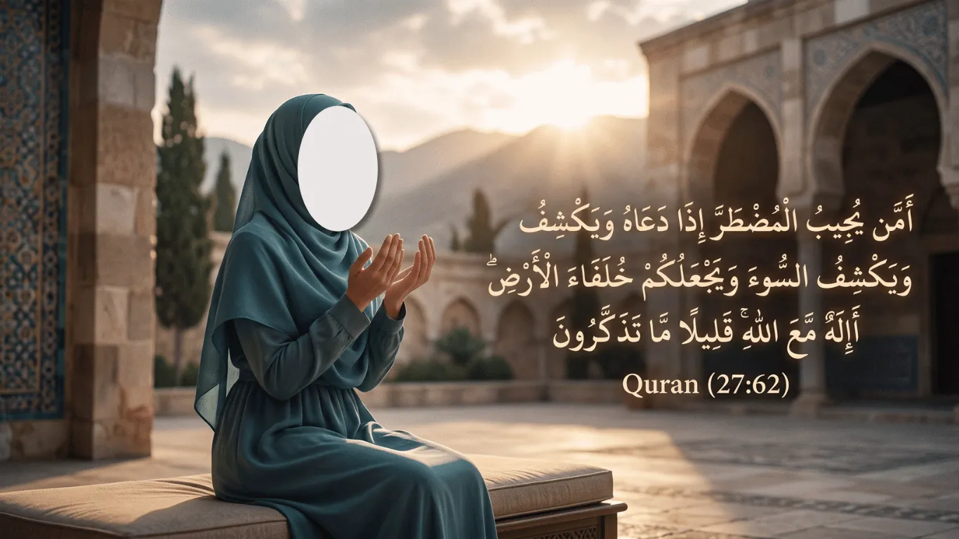 A Muslim woman making sincere dua in a mosque courtyard with the Arabic text of Surah Naml Ayat 62, the prayer of the desperate, overlaid.