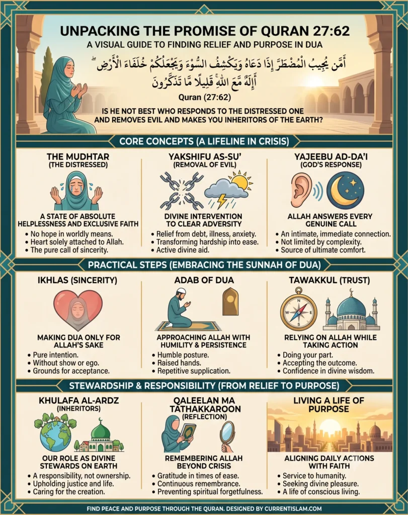 Infographic explaining the meaning and benefits of Surah Naml Ayat 62, detailing the concepts of the desperate one (Al-Mudhtar), divine relief, and the practical steps of making sincere dua.