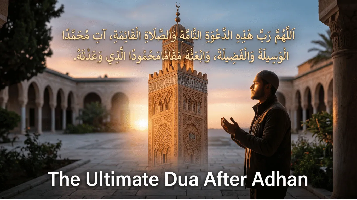 A photo of a serene Moroccan-style mosque courtyard at sunset, with a man making dua in the foreground. Overlaid is the text of the "Dua After Adhan" in large Arabic calligraphy and English: 'The Ultimate Dua After Adhan'. The background features a detailed minaret and ancient arches.