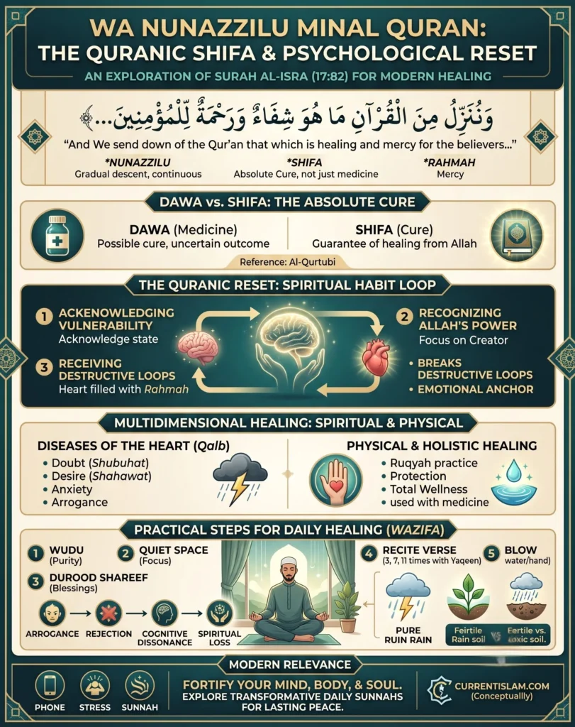 A detailed step-by-step infographic explaining Wa Nunazzilu Minal Quran (17:82), outlining the difference between Dawa and Shifa, the spiritual habit loop for anxiety, and practical Wazifa steps for daily psychological healing.