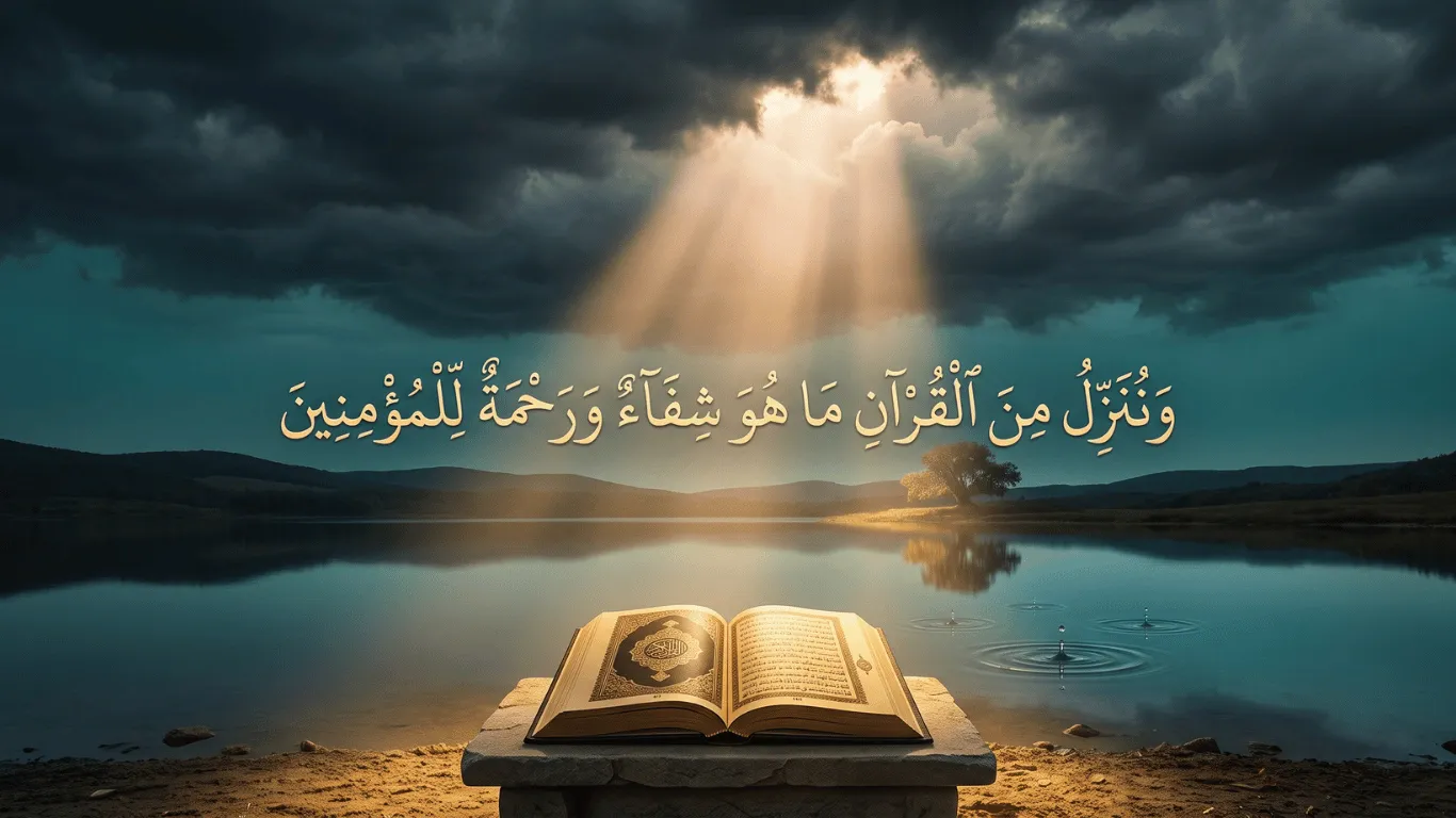 An open Quran resting by a serene lake beneath a radiant golden light breaking through storm clouds, featuring the beautiful Arabic calligraphy of Wa Nunazzilu Minal Quran (Surah Al-Isra Ayat 82).