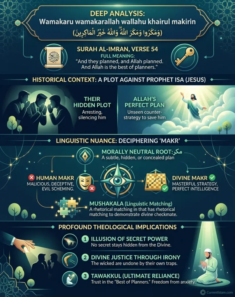 Infographic explaining the deep meaning of Wa makaru wa makarallah wallahu khairul makirin from Surah Al-Imran Verse 54, detailing the historical context of Prophet Isa, linguistic nuances of the Arabic word Makr, and theological implications like Tawakkul.