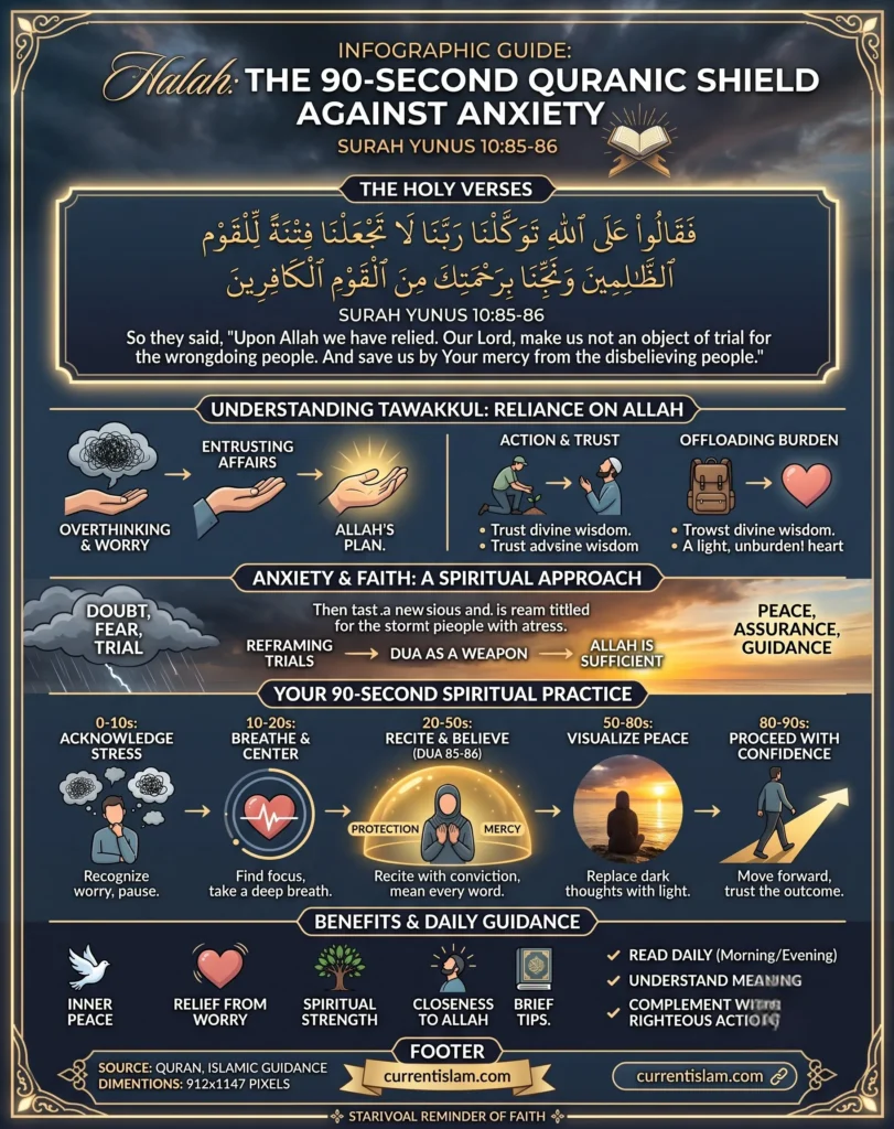 An infographic guide titled 'The 90-Second Quranic Shield Against Anxiety: Surah Yunus 10:85-86' by Halah/currentislam.com. It contains a detailed visual guide and full Arabic text with English translation of the dua against anxiety: 'So they said, 'Upon Allah we have relied...'. Sections detail: Understanding Tawakkul (Reliance on Allah), Anxiety & Faith (A Spiritual Approach), Your 90-Second Spiritual Practice (Acknowledge, Breathe, Recite, Visualize, Proceed), and Benefits like Inner Peace and Relief From Worry.