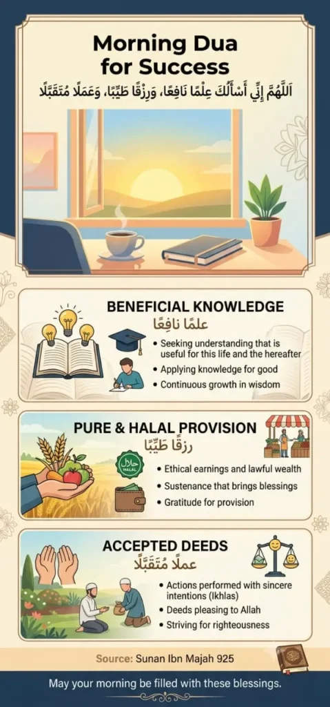 Infographic explaining the three pillars of the morning dua Allahumma inni as'aluka: beneficial knowledge, pure halal provision, and accepted deeds.
