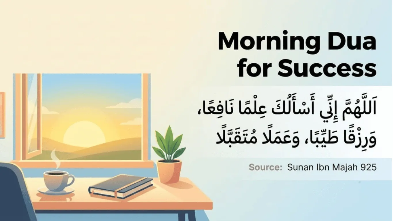 Arabic text of the morning dua for success, Allahumma inni as'aluka ilman nafia, displayed over a serene sunrise and morning desk setup.