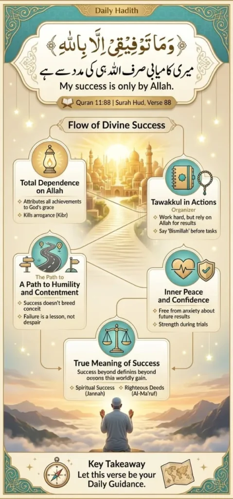 A detailed Islamic infographic explaining 'The Flow of Divine Success' based on Quran 11:88. Includes illustrated sections on: Total Dependence on Allah; Tawakkul (Reliance) in Actions; The Path to Humility and Contentment; Inner Peace and Confidence; and Defining the True Meaning of Success as spiritual rather than just worldly gain. Features diagrams of scales, compasses, and a man praying. Text is provided in Arabic, English, and Urdu.