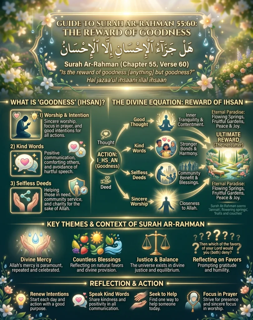 A portrait-oriented, luminous infographic guide with multiple sections. At the top, a glowing banner with the title "GUIDE TO SURAH AR-RAHMAN 55:60: THE REWARD OF GOODNESS" and the Arabic verse (ہَلۡ جَزَآءُ ٱلۡإِحۡسَٰنِ إِلَّا ٱلۡإِحۡسَٰنُ). Below, four main sections: 1. "WHAT IS 'GOODNESS' (IHSAN)?" listing Worship, Kind Words, Selfless Deeds, Excellent Character. 2. "THE DIVINE EQUATION: REWARD OF IHSAN" flow chart showing Action and various rewards, leading to a visual of Eternal Paradise (Jannah with springs, gardens, fruits). 3. "KEY THEMES & CONTEXT OF SURAH AR-RAHMAN" listing Divine Mercy, Countless Blessings, Justice & Balance, Reflecting on Favors. 4. "REFLECTION & ACTION" with practical steps: Renew Intentions, Speak Kind Words, Seek to Help, Focus in Prayer. The entire image is decorated with a rich floral, light-filled nature border inspired by image_1.png.