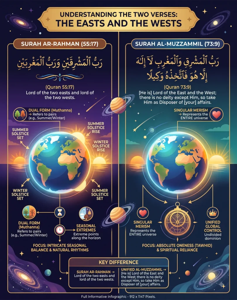 Infographic comparing Surah Ar-Rahman 55:17 and Surah Al-Muzzammil 73:9. The left panel features a globe with summer and winter solstices illustrating the dual form 'Rabbul Mashriqayn' (Lord of the two easts and wests). The right panel shows a globe representing the entire universe to illustrate the singular dominion 'Rabbul Mashriq' (Lord of the East and West). Includes Arabic text, translations, and a key difference summary box.