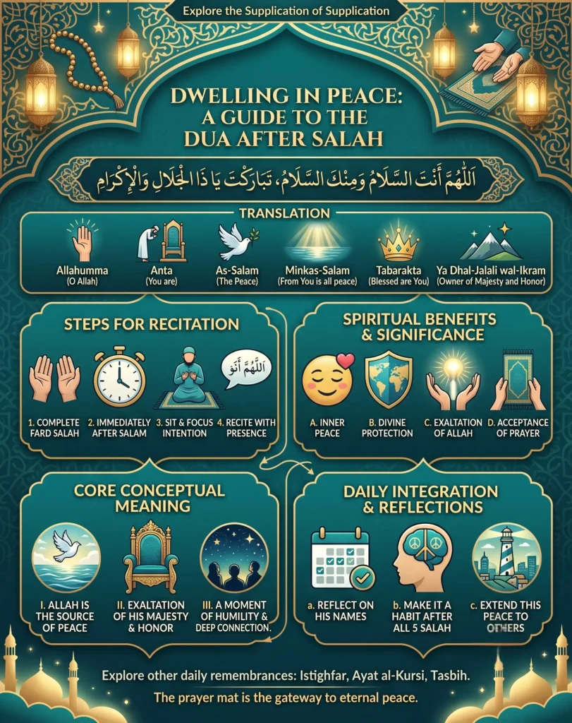 "An educational infographic titled 'Dwelling in Peace: A Guide to the Dua After Salah.' It details the word-by-word English translation of Allahumma antas salam, the 4 steps for recitation, core conceptual meanings, and daily spiritual benefits like inner peace and divine protection."
