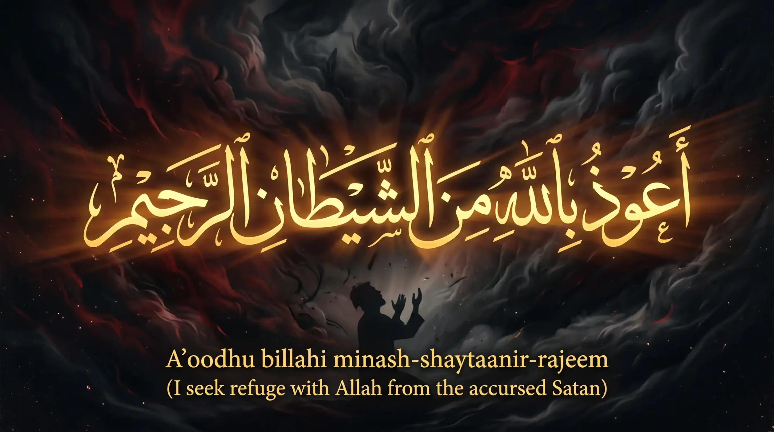 Arabic calligraphy and English translation of Auzubillah minashaitan nirajeem, the powerful Islamic dua to read when you get that angry feel.