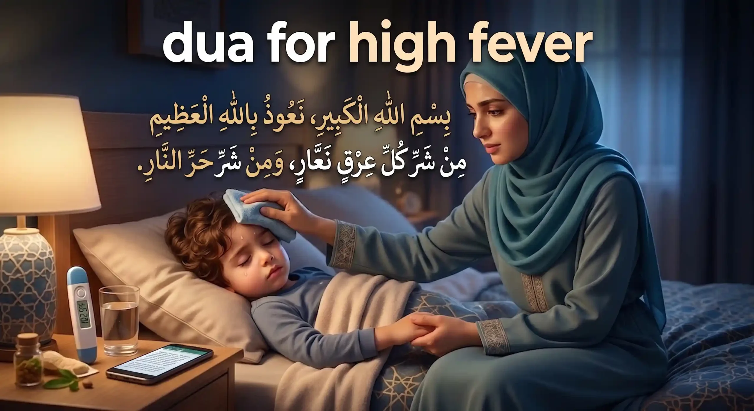 A Muslim mother comforting her sick child in bed with a cold compress, featuring the complete Arabic text of the Sunnah dua for high fever (Bismillahi al-Kabeer).