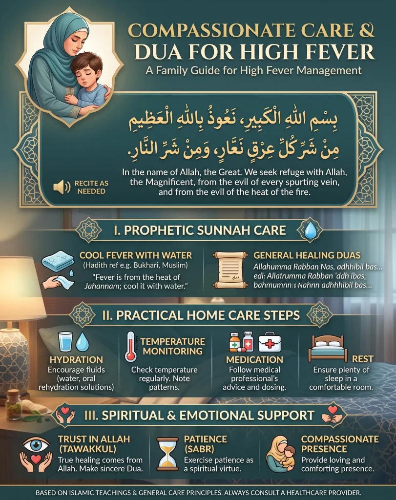 An infographic guide for high fever management featuring the Bismillahi al-Kabeer dua in Arabic and English, Prophetic Sunnah care like cooling with water, practical home care steps, and spiritual support through Tawakkul and Sabr.