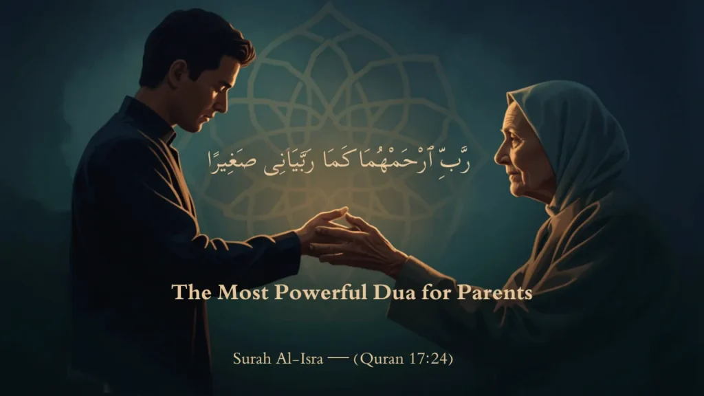 A young man holding the hands of an elderly woman, featuring the Arabic text for the dua Rabbir hamhuma kama rabbayani sagheera from Surah Al-Isra.