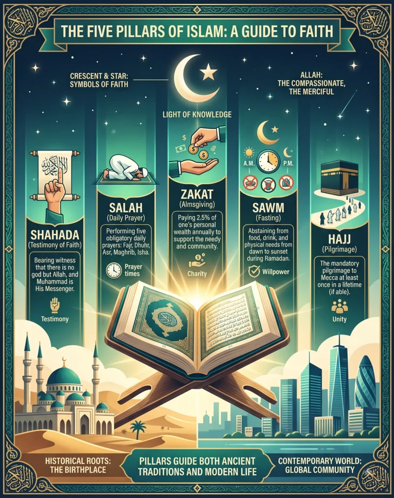 A comprehensive infographic titled 'THE FIVE PILLARS OF ISLAM: A GUIDE TO FAITH.' Five detailed vertical panels with icons and descriptions: 1. SHAHADA (Testimony of Faith); 2. SALAH (Daily Prayer); 3. ZAKAT (Almsgiving); 4. SAWM (Fasting); 5. HAJJ (Pilgrimage). At the base, an open Quran on a stand with ancient and modern cityscape below, and the text: 'PILLARS GUIDE BOTH ANCIENT TRADITIONS AND MODERN LIFE.'