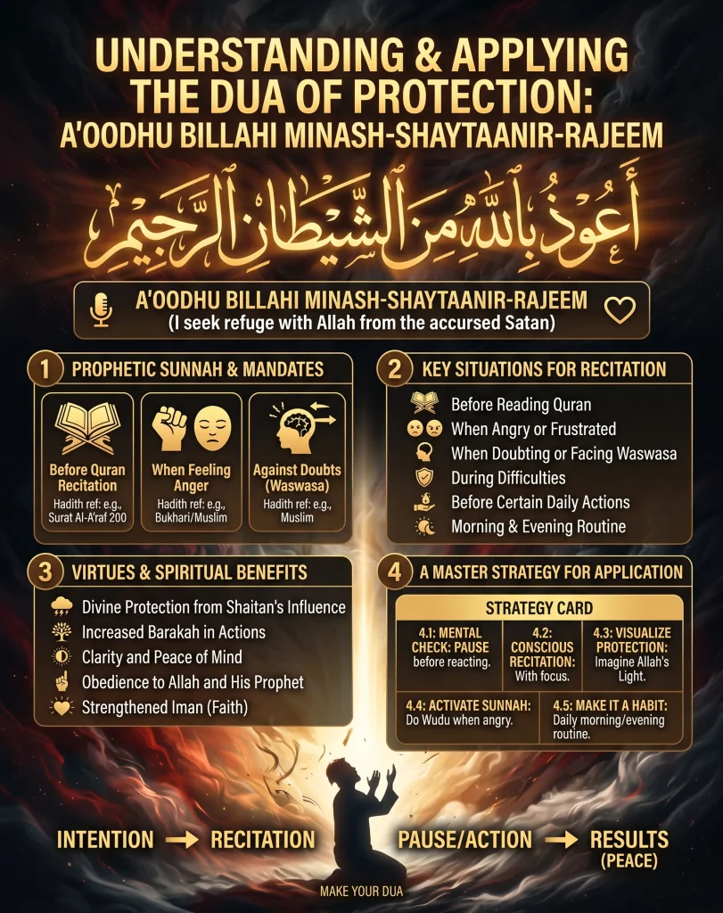 An informative infographic showing how to control anger in Islam, detailing the Sunnah protocol of reciting Auzubillah, changing physical posture, and performing Wudu when you are anger.